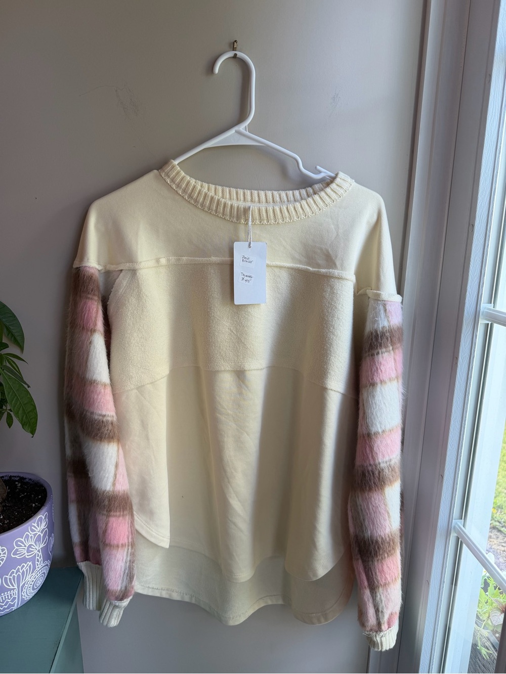 Cream Crewneck Sweater with Pink & Brown Striped Fuzzy Sleeves